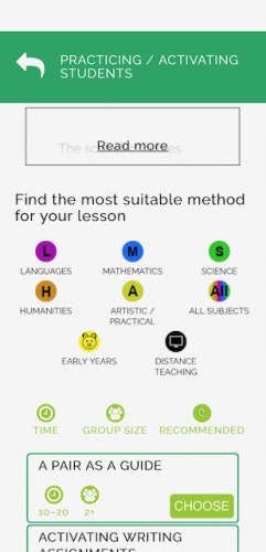 The method selection tool helps to find the most suitable methods for the lesson.