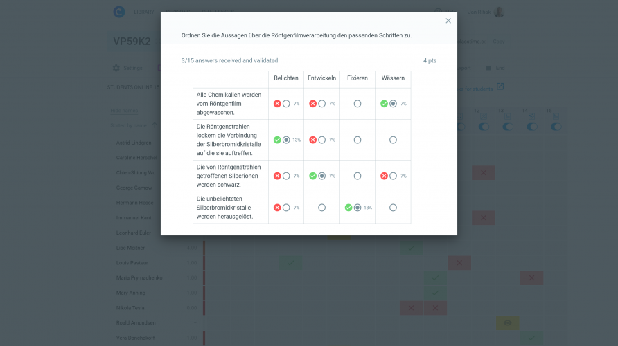 The platform offers a real-time overview of the whole class' performance.