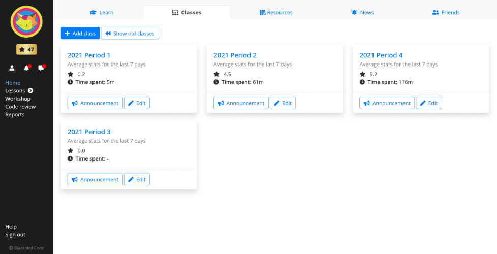 The teacher has a dashboard for managing  classes.