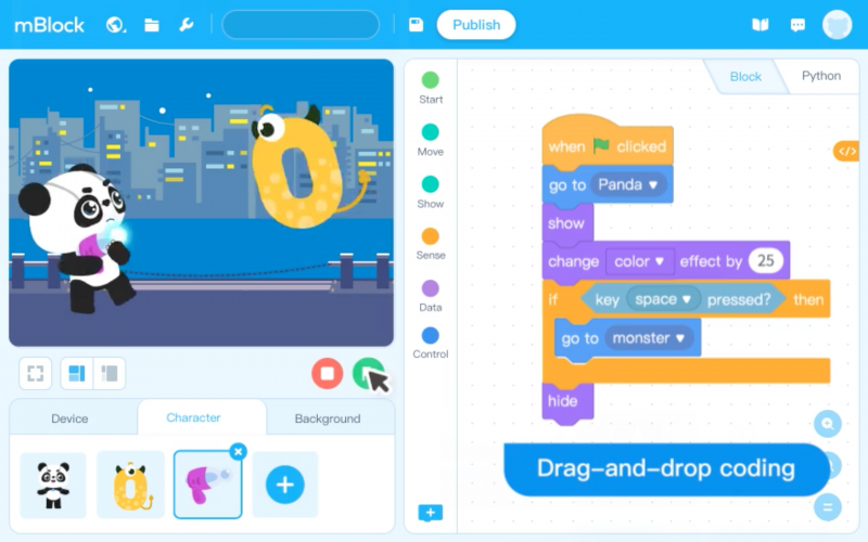 All coding activities can be done using visual programming language. Changing to Python is made easy too, allowing students to develop even more advanced programming skills.