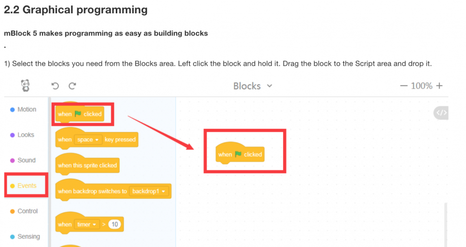 mBlock includes clear instructions on how to get started with creating programs to control the on-screen sprites or MakeBlock robots.