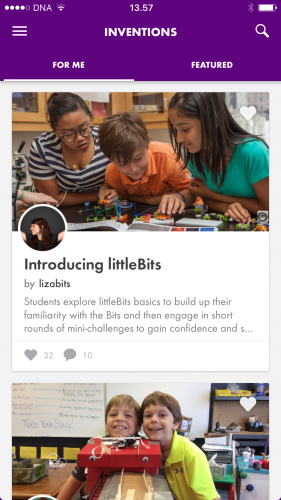 The littleBits application provides a learning community, with lesson plans and challenges.